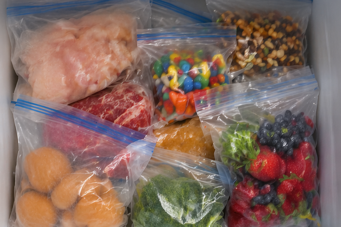 Disorganized unlabeled bags in freezer